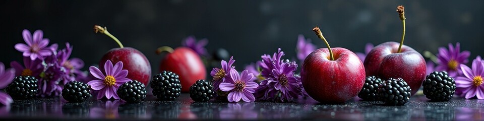 Vibrant arrangement of plums, blackberries, and purple flowers on dark surface