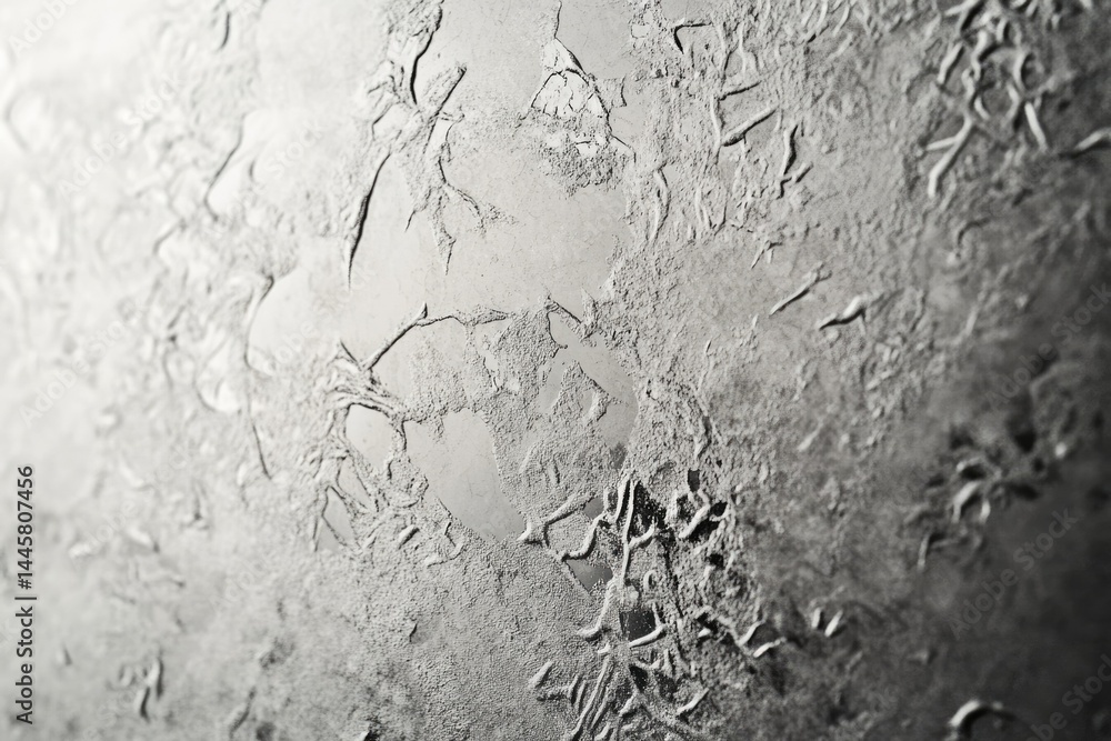 Poster abstract grayscale image showing intricate frost patterns on a glass surface, resembling a frozen la