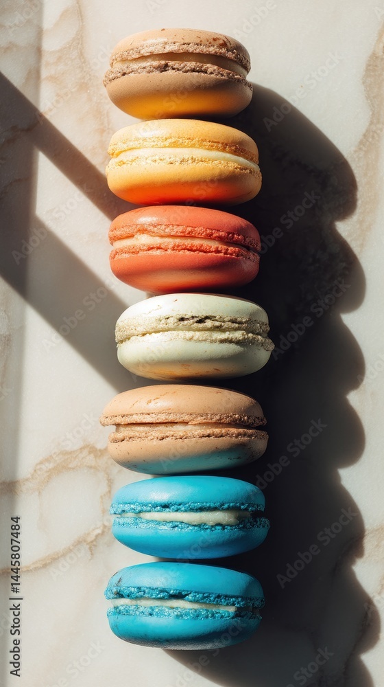Aufkleber vertical stack of colorful macarons on a marble surface illuminated by natural light creating shadow