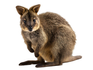 Obraz premium Petite wallaby poses, displaying its soft brown fur and curious gaze on a transparent background