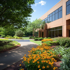 Obraz premium Generic Brick Office Building Exterior with lush Landscaping trees and flowers 