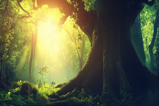 Sunlit forest floor with ancient trees. Lush greenery and sunlight filter through the canopy