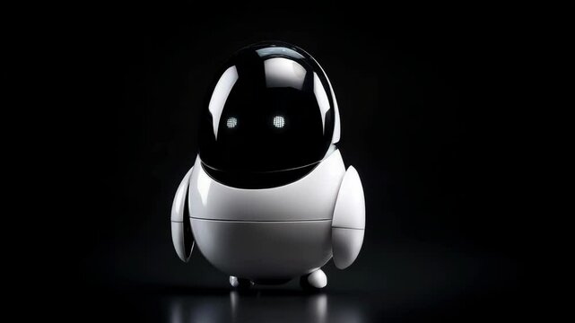 Futuristic white droid standing with glowing eyes on black backdrop. Adorable modern robot design with reflective surface in studio lighting.