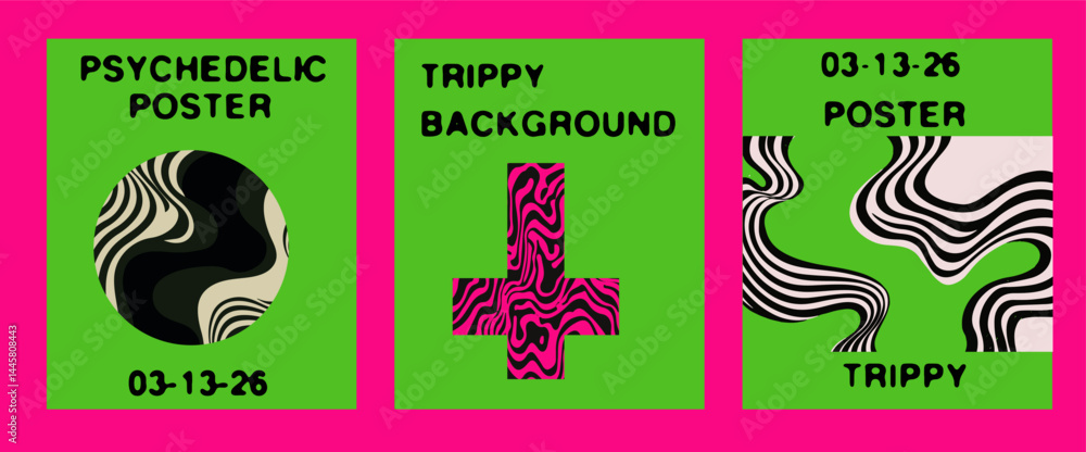 Poster set of three vibrant, psychedelic vector posters with wavy, trippy designs and abstract shapes in ne