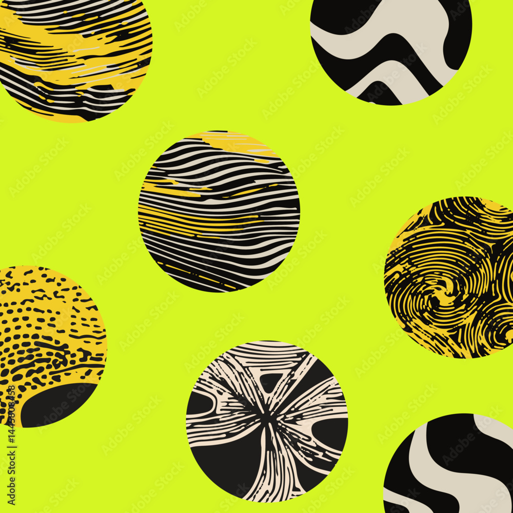 Poster various colorful psychedelic circles, each filled with wavy, abstract, neon patterns in the modern t