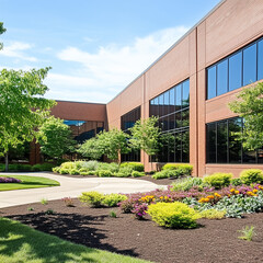 Obraz premium Generic Brick Office Building Exterior with lush Landscaping trees and flowers 