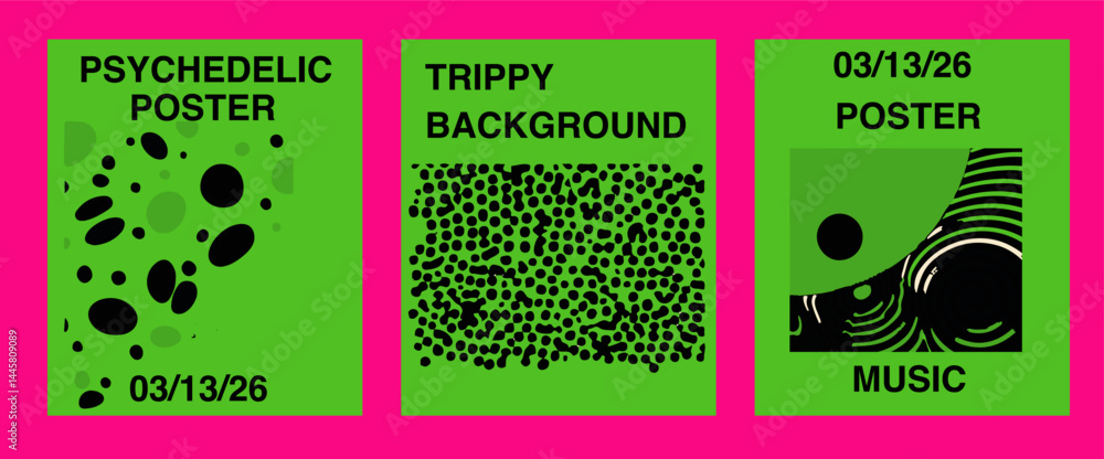 Poster three square posters with bold green backgrounds on a bright pink surface, each featuring black psyc