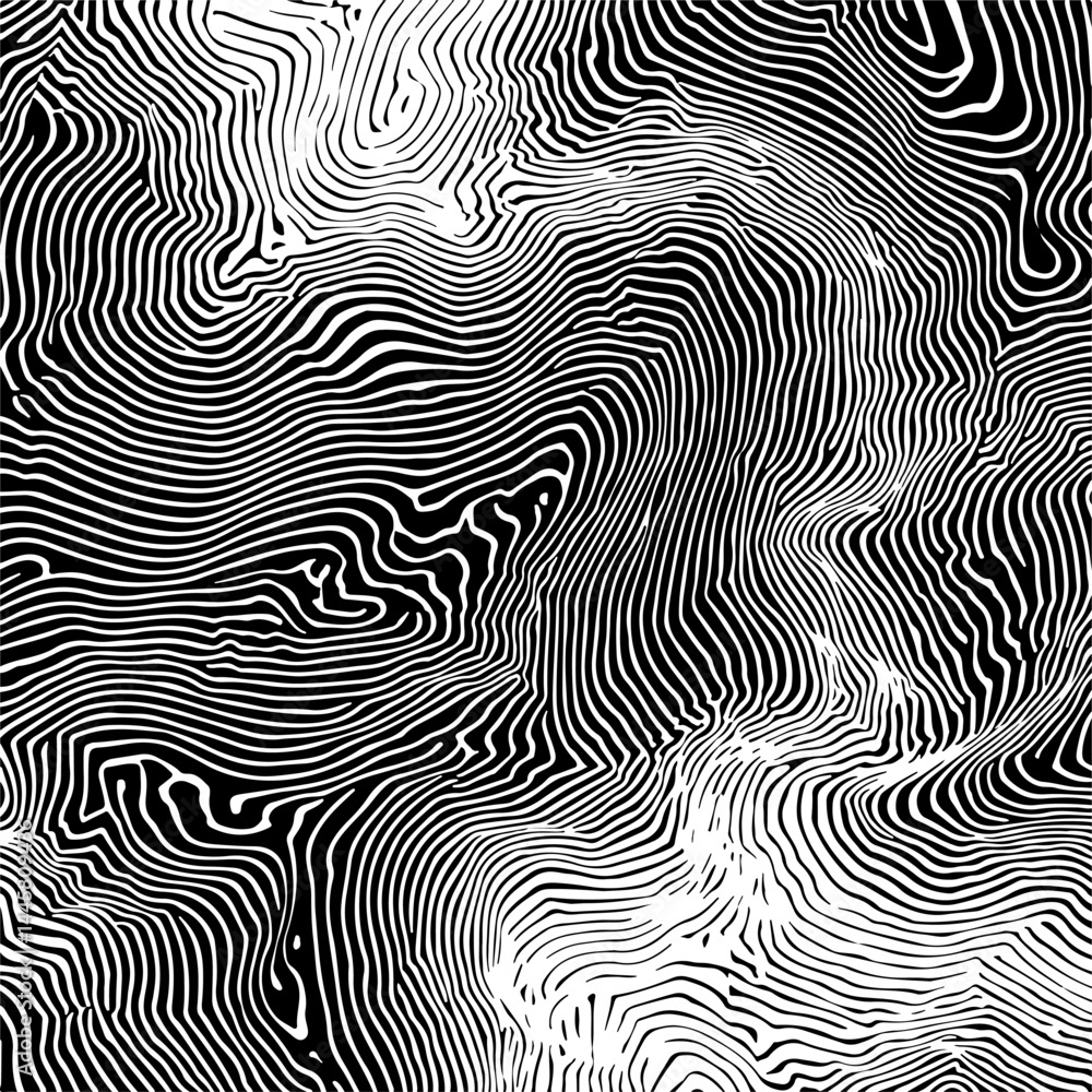 Poster Abstract vector illustration with black and white wavy lines that form an optical illusion effect, creating a dynamic, modern, and hypnotic visual.