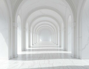 Obraz premium Minimalist White Corridor with Receding Arches and Soft Ambient Lighting.