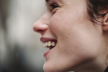 Obraz premium The profile of a smiling woman, with her face showing genuine delight and happiness.