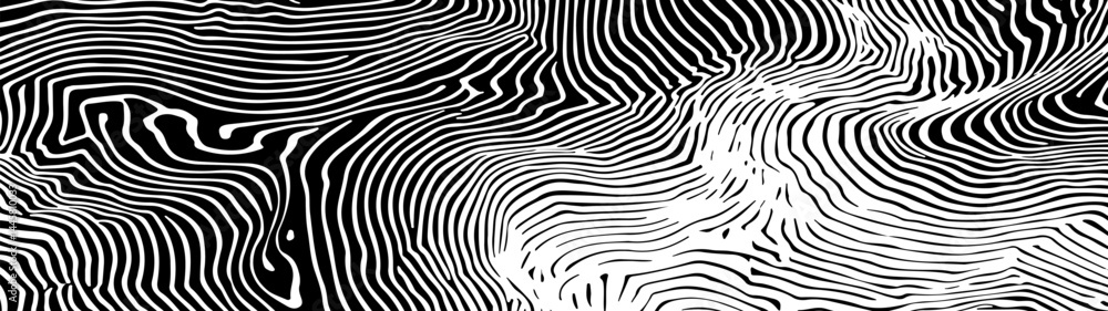 Poster Abstract vector illustration with black and white wavy lines that form an optical illusion effect, creating a dynamic, modern, and hypnotic visual.