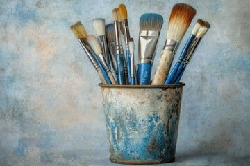 A collection of paintbrushes in a rustic blue metal container against a textured background.