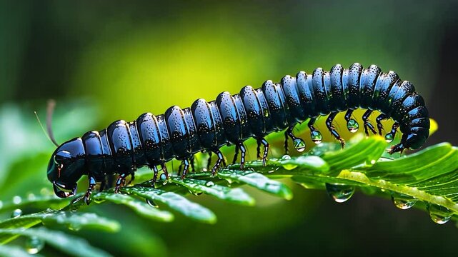 Gleaming millipede journeys across glistening leaf
