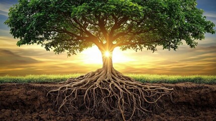 A majestic tree showcasing its strong roots in the ground.