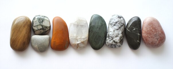 A collection of polished rocks of varying colors displayed on white
