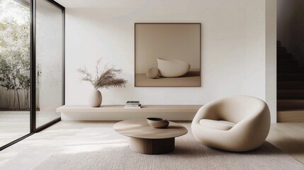 A modern minimalist living room featuring soft beige tones.