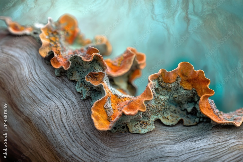 Poster orange and gray lichen with ruffled edges grows on wood, creating a unique texture and color contras