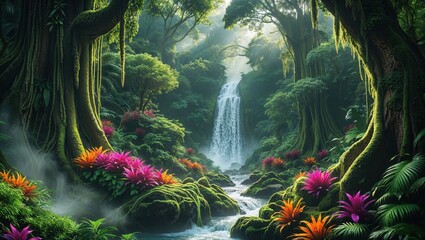 Lush Jungle Waterfall Scene Vibrant