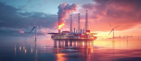 Offshore oil and gas production platform rising above the ocean at sunset surrounded by wind turbines generating renewable energy  The dramatic sky reflects in the calm waters