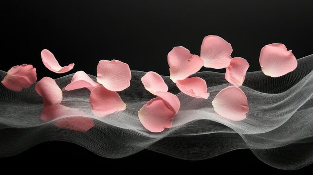 Delicate pink rose petals float over sheer fabric