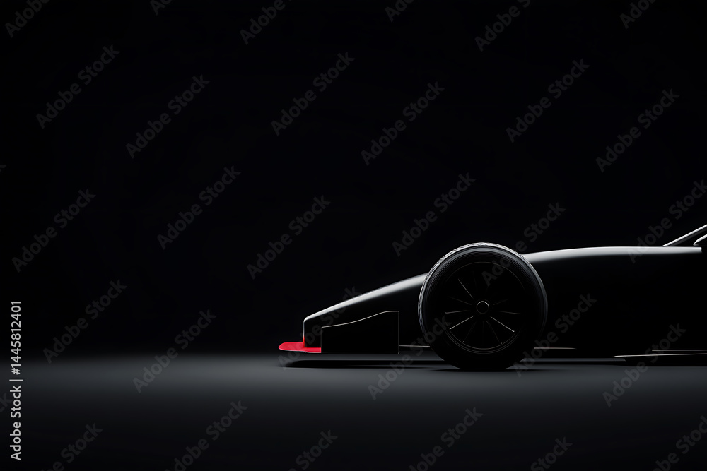 Poster sleek black racing car silhouette on dark backdrop, highlighting speed and aerodynamics. dynamic des