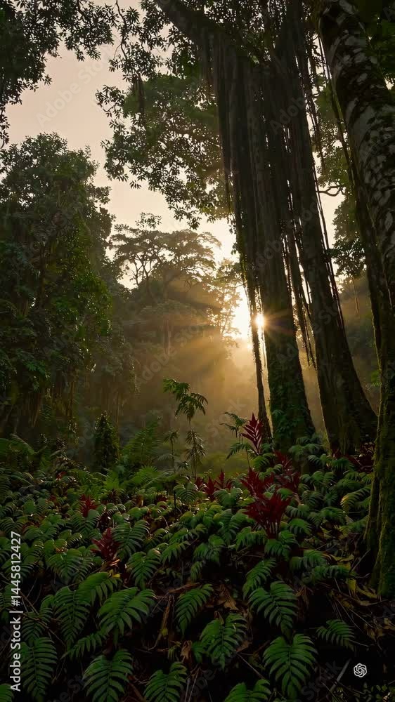 Poster serene rainforest scene at dusk with soft sunlight filtering through