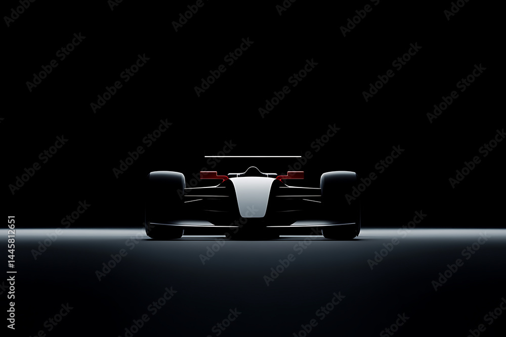 Poster sleek racing car front view, highlighted against a dark backdrop. modern design emphasizing speed an