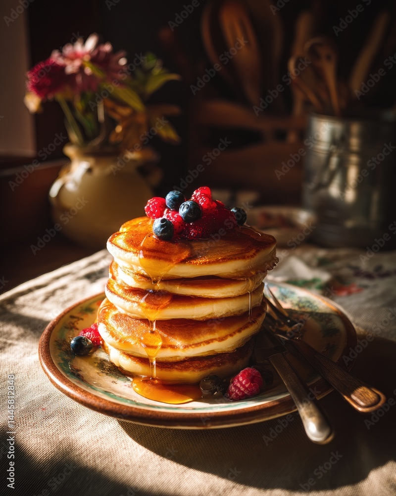 Poster stack of pancakes with berries and syrup on a plate in a rustic setting with flowers and utensils in