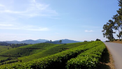 Naklejka premium A winding road cuts through lush tea plantations under a clear blue sky. Rolling hills and distant mountains create a breathtaking view, showcasing the harmony between agriculture and nature