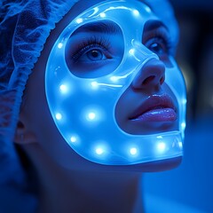 Woman with glowing LED face mask