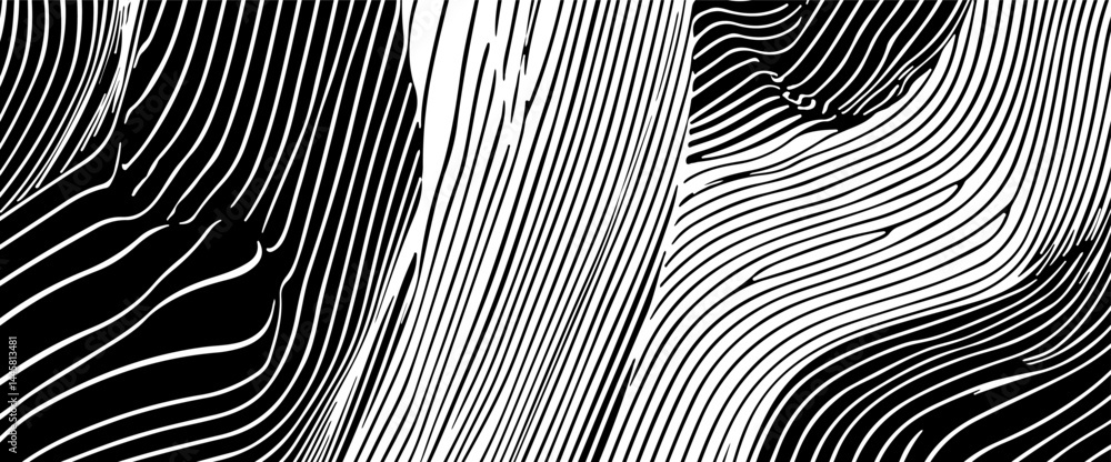 Poster Abstract vector illustration with black and white wavy lines that form an optical illusion effect, creating a dynamic, modern, and hypnotic visual.