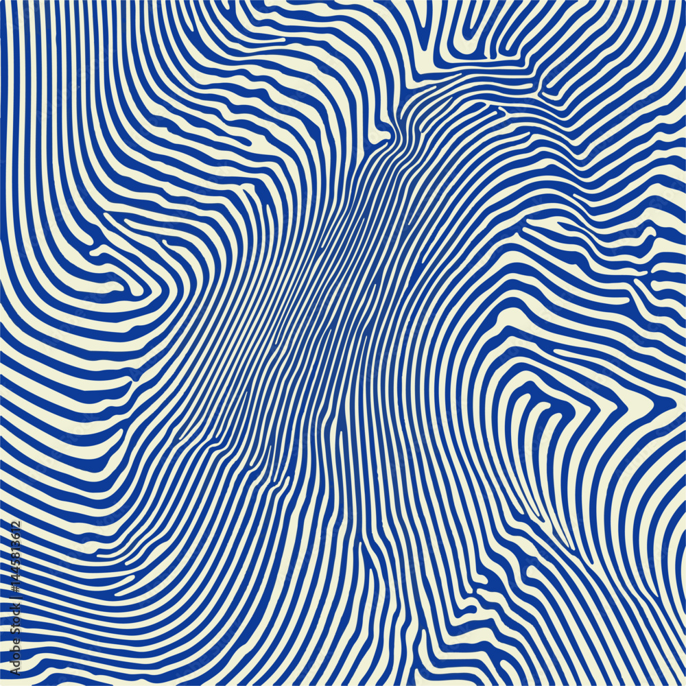 Poster Dynamic abstract vector illustration with wavy blue lines on a beige background, creating an optical illusion and sense of movement, perfect for modern graphic design and artistic backgrounds.