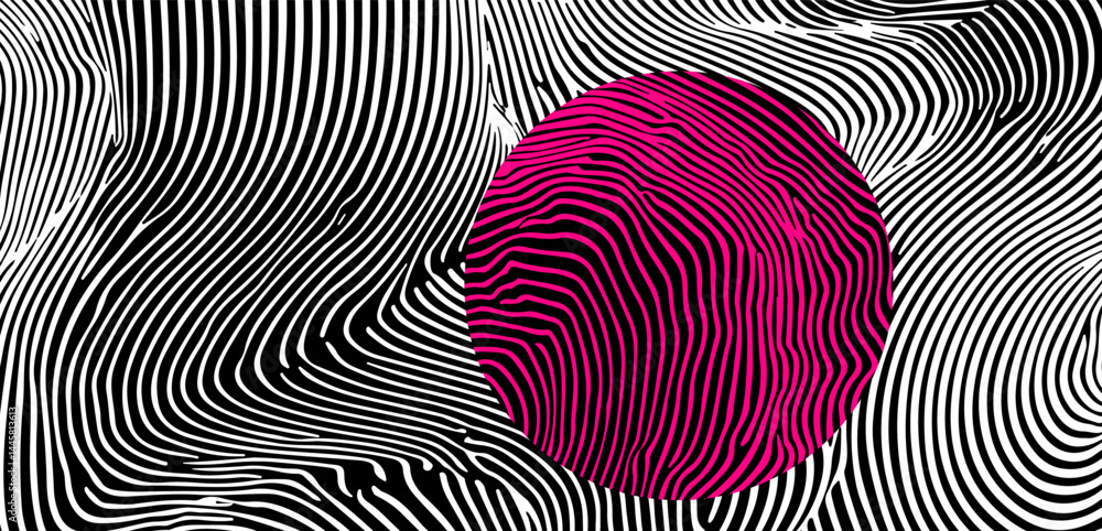 Fototapete Abstract vector art with black and white wavy lines forming a dynamic background, featuring a bold pink sphere with matching striped pattern, creating a striking and modern visual effect.