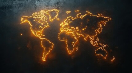 Glowing world map on dark wall, global business connections, modern tech environment for digital, corporate, and international themes