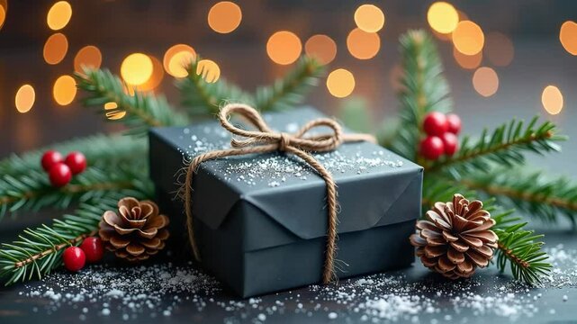 4K motion festive Christmas present in black wrapping with twine and natural holiday decor &ndash; pine cones, evergreen branches, and lights creating magical cozy ambiance
