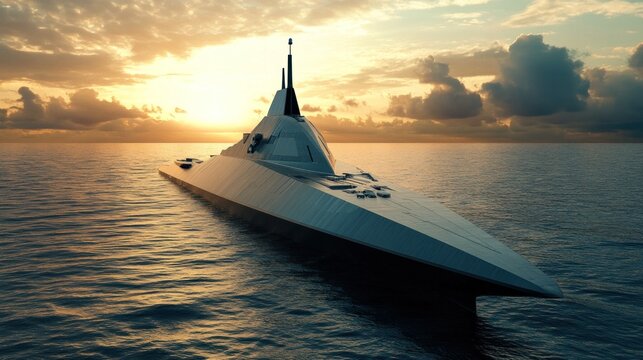 Futuristic warship on the ocean at sunset.  Advanced, stealthy design.  High-tech military vessel