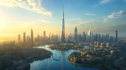 Naklejka premium Panoramic cityscape view of a modern metropolis at sunrise