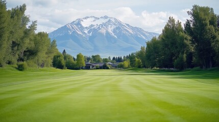 Fototapeta premium Scenic golf course fairway, mountains, and homes in the background