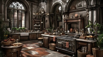 Dark, ornate kitchen with gothic architecture.