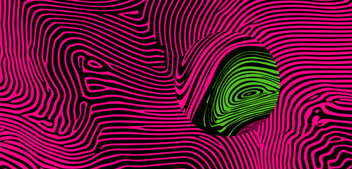 Abstract vector illustration featuring wavy magenta lines against a black background, with a central circular shape filled with green and black stripes, creating a vibrant optical effect.
