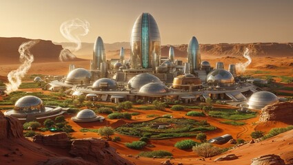 Futuristic city nestled in a desert landscape, gleaming metallic structures contrast with the red sand dunes under a warm sunset.