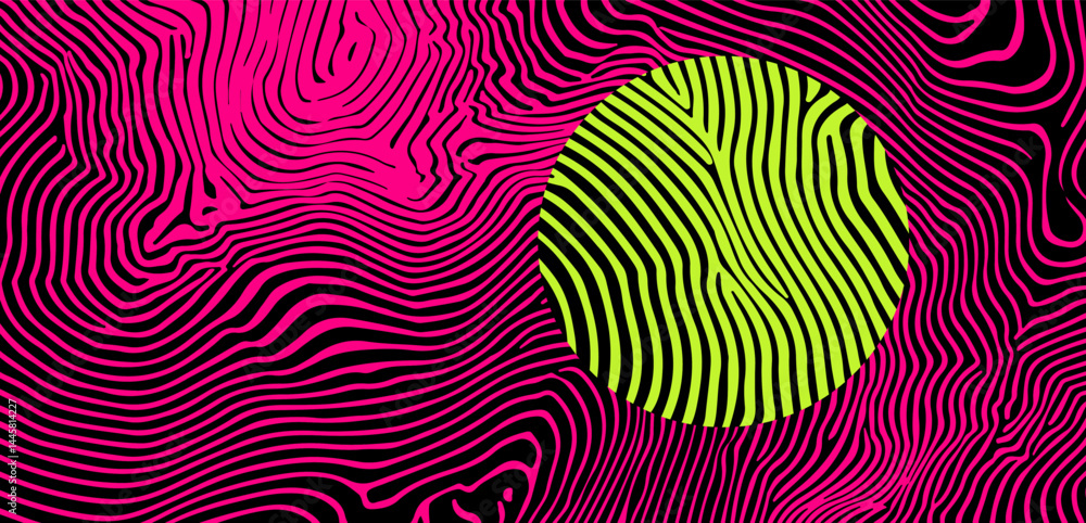 Poster abstract vector illustration featuring wavy magenta lines against a black background, with a central