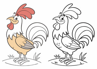 Fototapeta premium This coloring page features a cheerful cartoon rooster, perfect for children's activities.