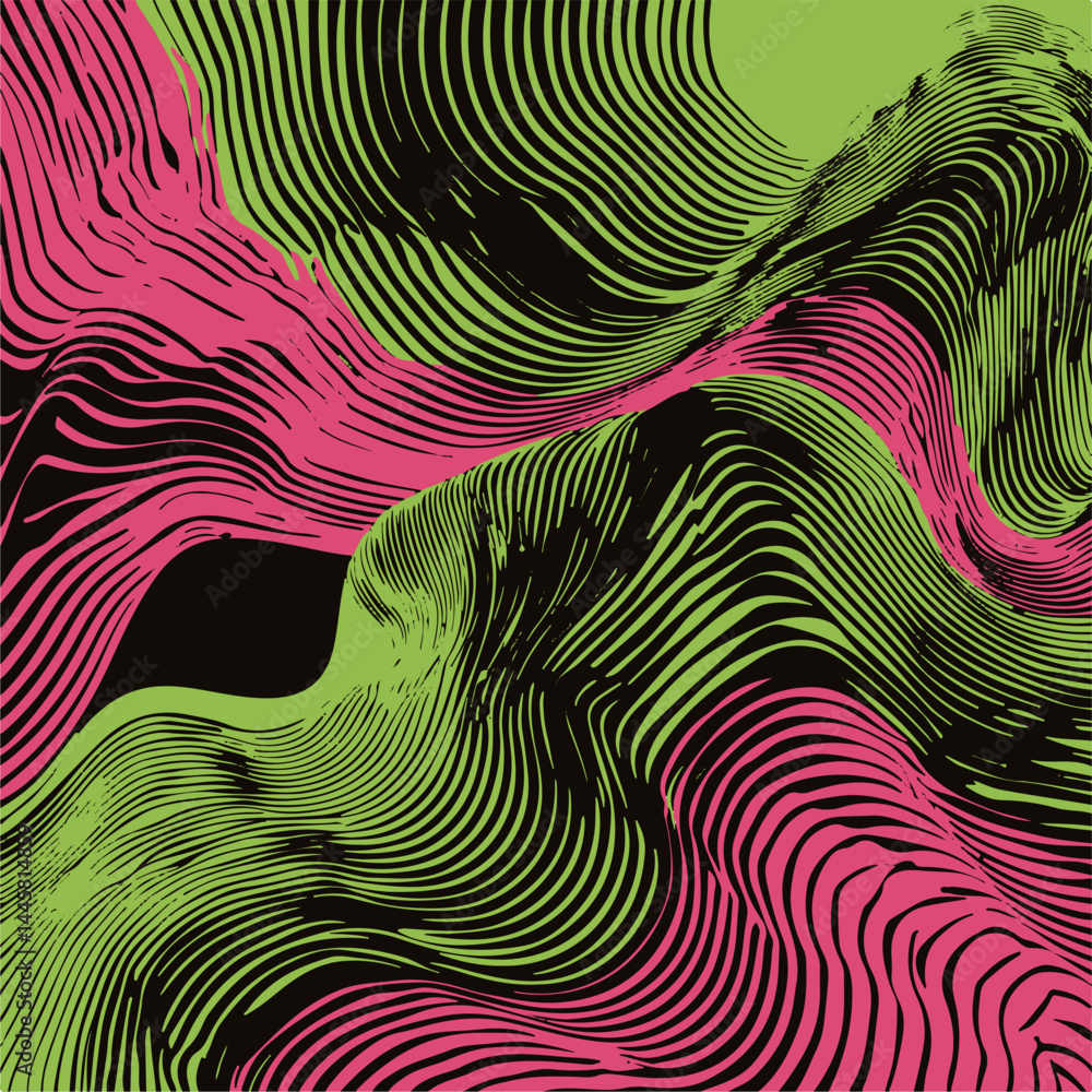 Poster Vector illustration features vibrant green and pink wavy lines forming an abstract, flowing pattern on a black background, creating a dynamic sense of movement and energy.