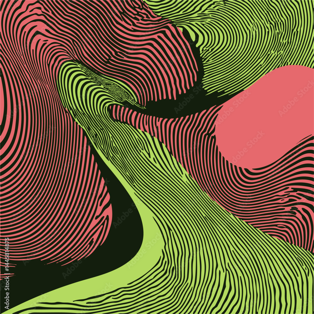 Poster abstract vector illustration with flowing green and pink wavy lines on a black background, creating 
