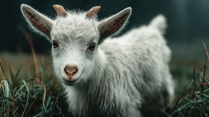 Fototapeta premium Cute goat kid stands in a grassy field, looking at camera