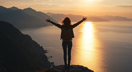 Fototapeta premium A lone traveler facing a panoramic mountain or ocean view, arms stretched out, symbolizing freedom, adventure, and self-discovery. Ideal for travel, lifestyle, or motivational themes.