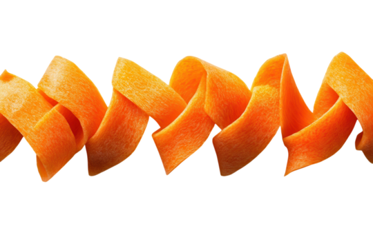 Vibrant carrot ribbons spiral artfully a colorful culinary delight against a bright white backdrop