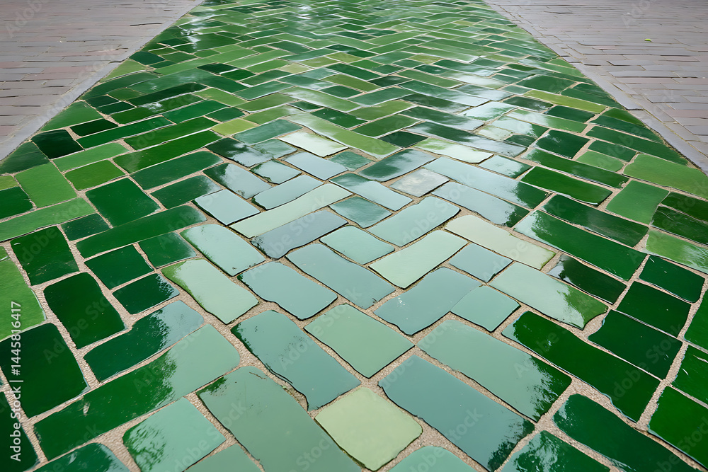 Poster a vibrant path of green-toned tiles, creating a dynamic and visually appealing surface. the varying 