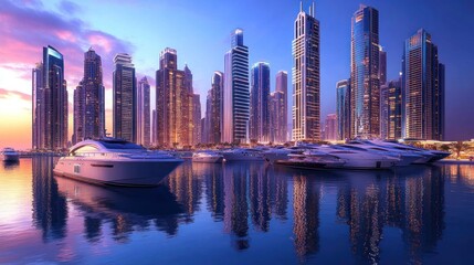 Fototapeta premium Stunning cityscape at sunset over a marina with luxury yachts and skyscrapers. Reflecting in the water, the vibrant twilight creates a picturesque scene